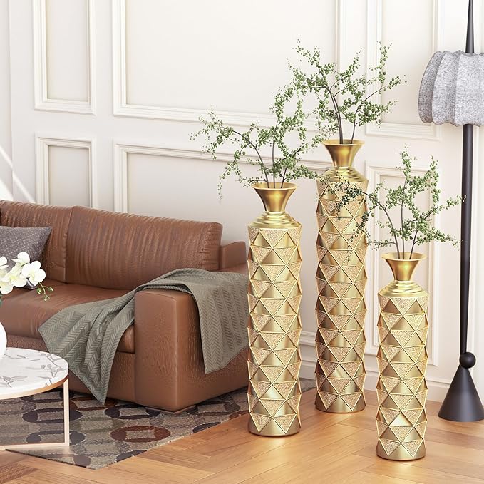 Tall Floor Vase Large Vintage Modern Set Oversized Metal Vases for Decor Living Room Gold Decorative (3D Triangle)