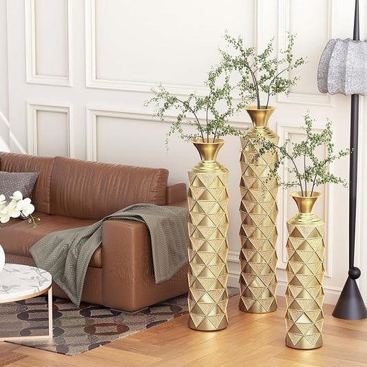Metal Floor Vases Decorative, Set of 3 Flower Arrangement Stand, Metal Decorative Vase Tall Distressed Metallic Centerpiece Vases with 3D Triangle Pattern, 33.5", 29.5", 25.2" H (Antique Gold)