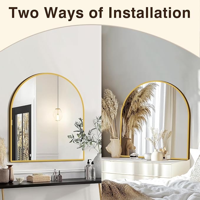 FICTOR Bathroom Mirror for Wall, Arched Vanity Bathroom Mirror for Over Sink, Metal Framed with HD Shatter-Proof Glass for Entryway, Living Room,Bedroom(30” x 32”, Gold)