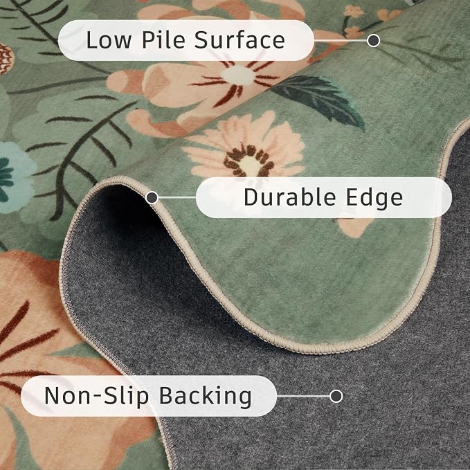DCX Vintage Floral Rug 4x6, Washable Sage Green Rug for Living Room, Kid & Pet Friendly with Rubber Back Non Slip, Soft Low Pile Carpet, Stain Resistant Rug for Bedroom, Nursery, Dining Room
