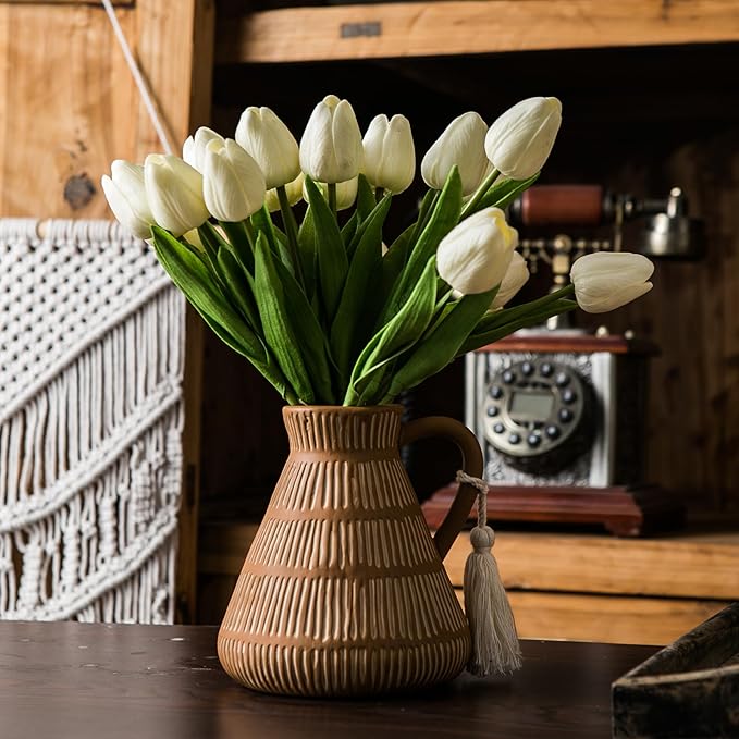 Rustic Farmhouse Vase with Handle and Tassel, Vertical Stripes Terracotta Pottery - Vintage Ceramic Clay for Home Décor, Shelf, Table, Bookshelf, Mantle, Entryway