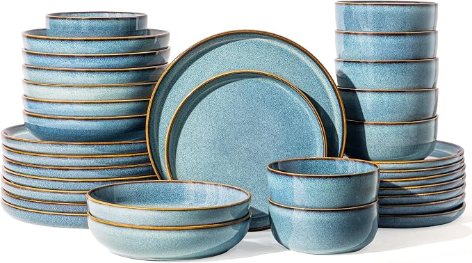 GBHOME 32 Pieces Double Bowls Ceramic Dinnerware Sets for 8, Stoneware Plates and Bowls Set with Reactive Glaze, Scratch Resistant Stoneware Dishes Set, Dishwasher & Microwave Safe