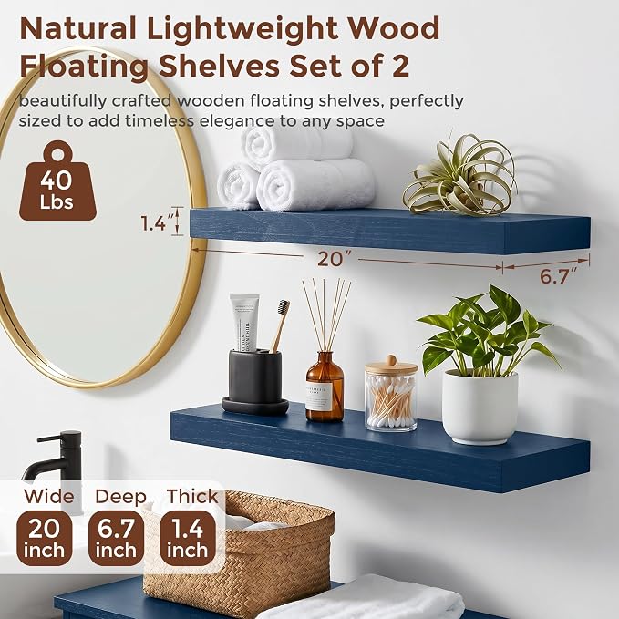 fuqing 20 Inch Floating Shelves | 6.7 Inch Deep Dark Blue Floating Shelves for Wall Set of 2 | 20''W x 6.7''D x 1.4''H Dark Blue Shelves for Living Room Bathroom Bedroom Kitchen Home Office