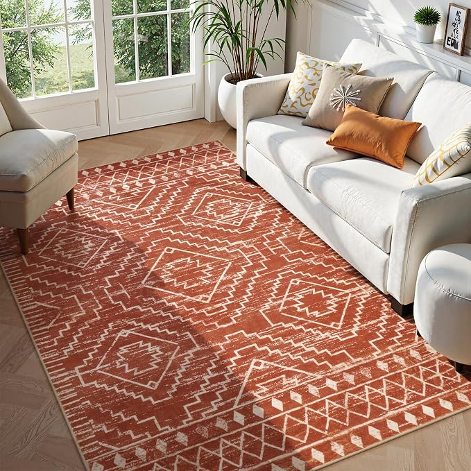 Wonnitar Moroccan 5x7 Area Rugs, Large Soft Rug for Dining Room, Washable Bohemian Tribal Living Room Bedroom Rug, Geometric Non-Shedding Indoor Carpet for Closet Nursery Entry (Brown,5'x7')