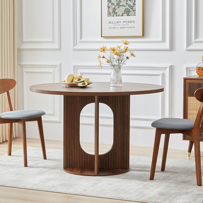 weselon Farmhouse Round Fluted Dining Table for 4, 47 Inch Circle Kitchen Table with Wooden Pedestal Base, Dinner Tables for Home Living Room Kitchen (Walnut)
