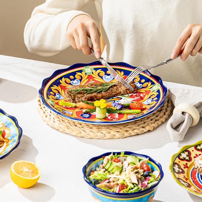 UNICASA Ceramic Dessert Plate Set of 4, 9 Inch Snack Plates with Scalloped Edges – Serving Dishes for Salad, Cake, Cheese, Vibrant Boho Decoration, Microwave & Dishwasher Safe