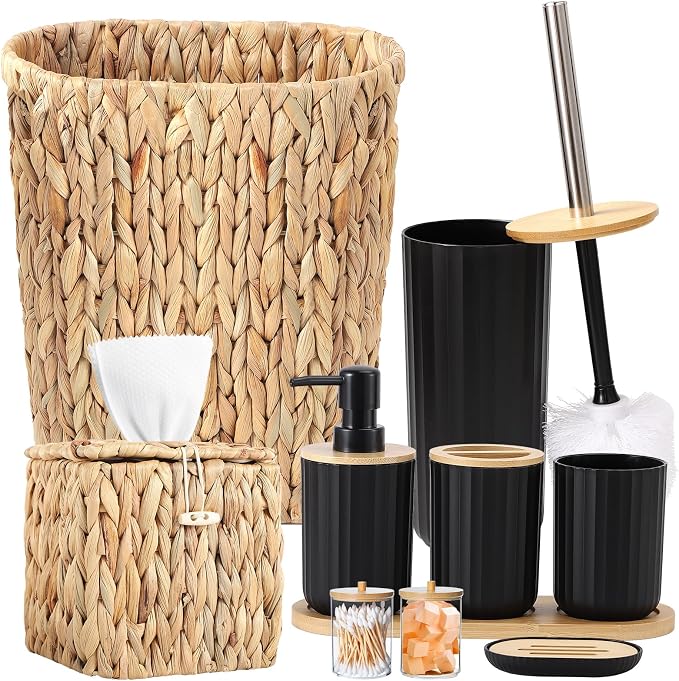 Bathroom Accessory Set, 10 Pieces Bath Set- Wicker Trash Can Tissue Box Soap Dish Toothbrush Holder Rinse Cup Lotion Bottle Toilet Brush Qtip Holder - Practical Bathroom Decor Sets (Rattan Black)