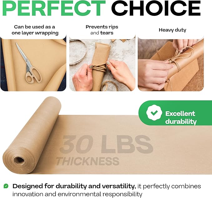 Brown Kraft Paper Roll 24" x 2160" (180 feet), Pack of 2 - USA-Made Brown Packing Paper 30lb Thickness for Moving, Shipping, Crafts/Arts - 100% Recycled Natural Wrapping Material by IDL Packaging