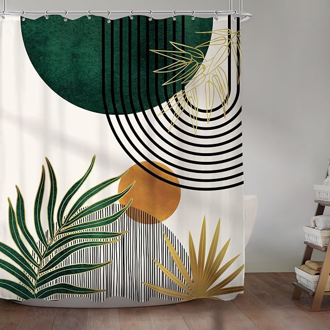 KOMLLEX Mid Century Green Boho Shower Curtain 72Wx84L Inches Abstract Modern Shower Curtains for Bathroom Plant Botanical Minimalist Leaf Arch Sun Fabric Liner Waterproof Polyester 12 Pack Hooks