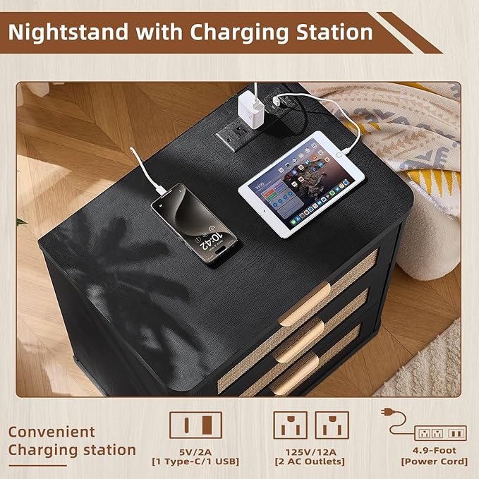 LEYAOYAO Rattan Night Stand with Charger Station, 23" Large 3 Drawer Boho Nightstand, Black Bedside Table Storage Cabinet, Bed Side End Tables for Bedroom, Living Room, Hallway