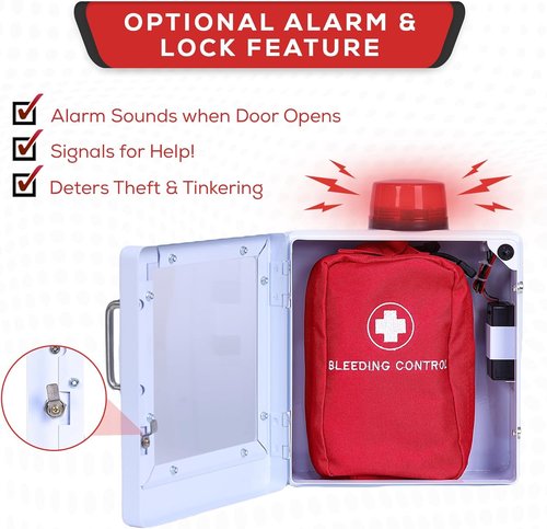 Regine Switzerland Bleeding Control Kit - Emergency Wall Mount Cabinet with Lock & Alarm (White)