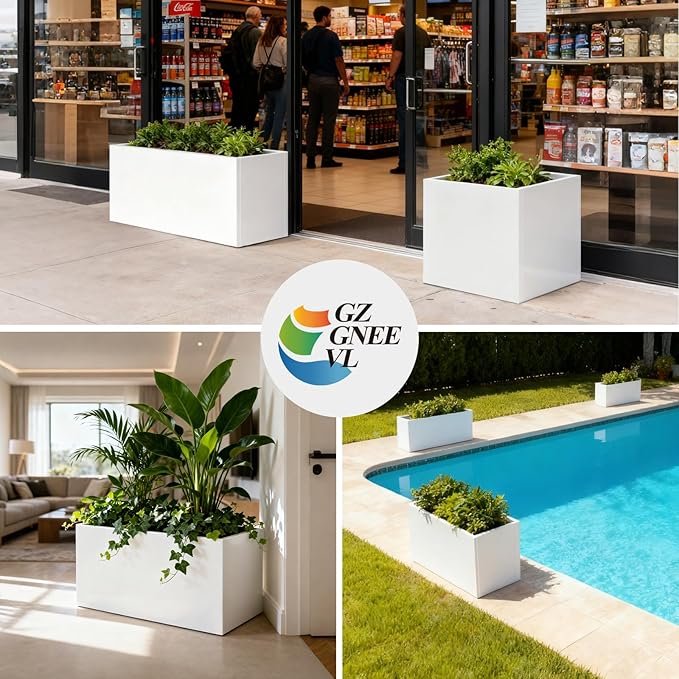 Metal Rectangular Planter White Steel Rectangle Planter Box 36" L x 12" W x 16" H Outdoor Indoor Galvanized Steel Large Planters Modern Commercial Residential for Plants Porch Patio