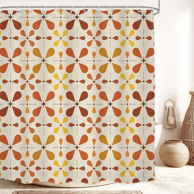 Boho Mid Century Orange Shower Curtain Bathroom Set 71Wx71H Inches Modern Red Abstract Water Drop Bohemian Vintage Colourful Geometry Bath Accessories Retro Art Home Decor Fabric 12 Pack Hooks