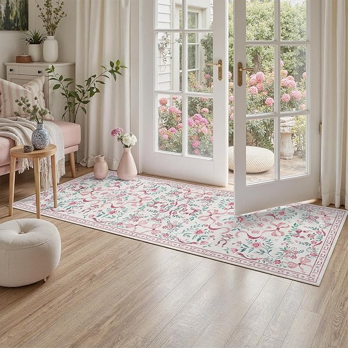 DCX Pink 2x6 Runner Rug, Machine Washable with Non Slip Backing Vintage Floral Hallway Bow Rug Soft Low Pile Stain Resistant, Kitchen, Bathroom, Front Door