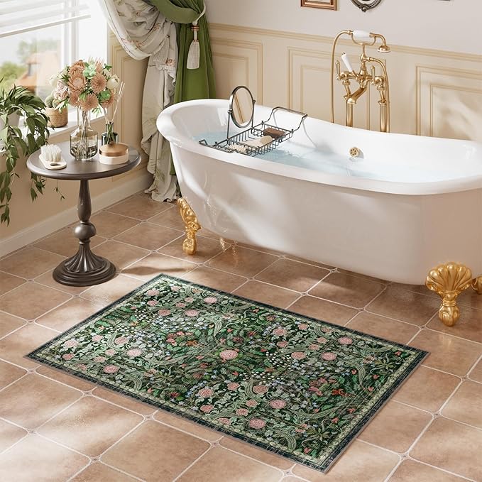 AMTOVO 2x3 Washable Entryway Area Rug Door Mat, Vintage Boho Floral Distressed Print Non-Slip Carpet, Small Throw Rug for Indoor Entrance Kitchen Bedroom Bathroom Laundry Floor, Dark Green