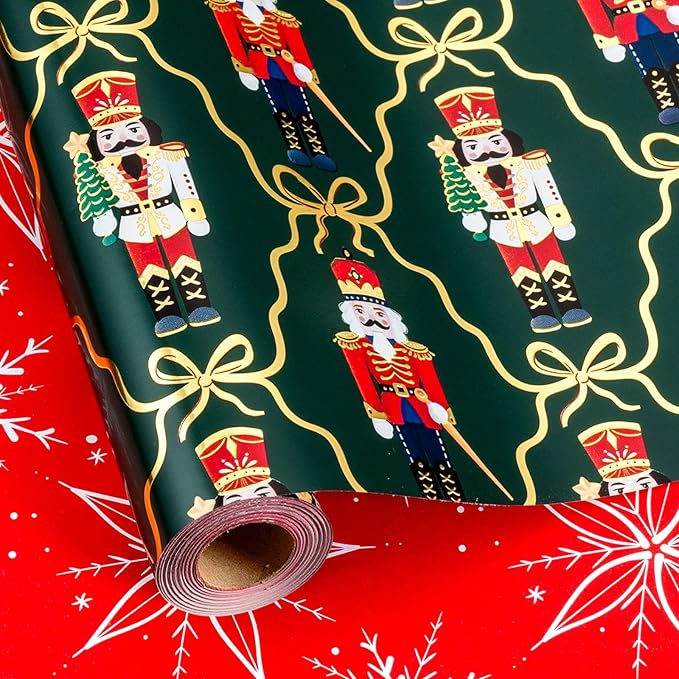 MAYPLUSS Christmas Wrapping Paper Roll - 17IN X 33FT - Green Gift Wrapping Paper Featuring Nutcracker Christmas Tree Bow Reversible Snowflake for Kids, Holiday, New Year