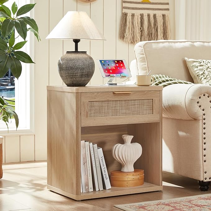 LEYAOYAO Rattan Nightstand with Charging Station, Natural Wood Night Stand with Drawer, 23" Wide Boho Bedside Table with Storage Shelf, Bed Side End Tables for Bedroom, Living Room, Hallway