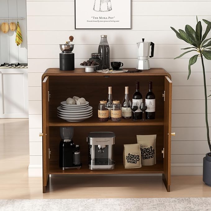 Sideboard Buffet Cabinet with Storage, Wood Arched Storage Cabinet with 2 Doors and Adjustable Shelf, Small Curved Entryway Accent Cabinet for Living Room Hallway Kitchen Dining Room, Walnut