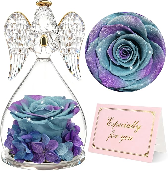 Yamonic Valentines Day Gifts for Her, Angel Figurines with Real Rose Gifts for Her Mom Grandma, Preserved Flowers Rose Angel Figurines for Mothers Day Christmas Anniversary Birthday Gifts for Her