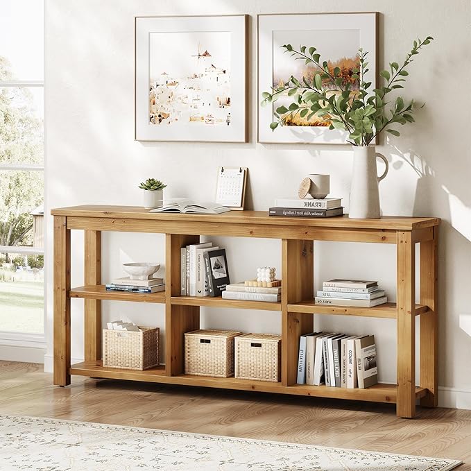 Solid Wood Horizontal Bookcase with Adjustable Shelves, 6 Cubes Storage Organizer Long Bookshelf, Farmhouse Low Cubby Bookcase for Living Room, Home Office, 63 Inches