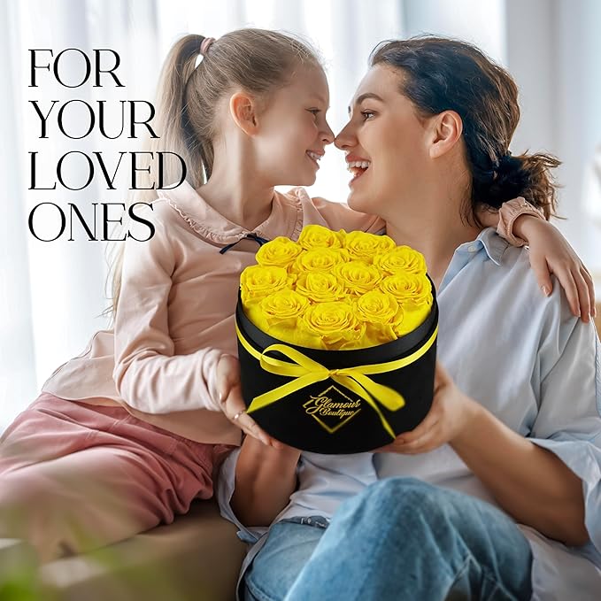 GLAMOUR BOUTIQUE Flowers Forever Gift Box 12 Real Preserved Roses in a Velvet Box, Birthday for Her Mom and Wife, Mothers Day, Anniversary, Graduation - Yellow