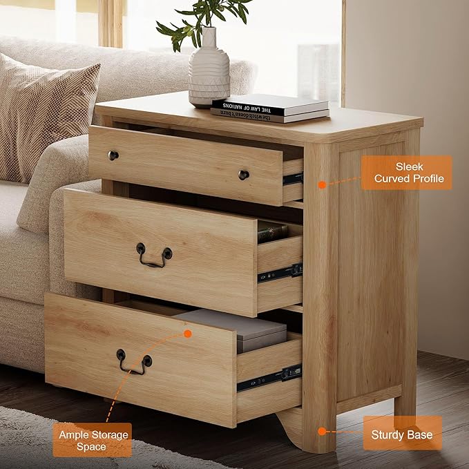 WAMPAT 3 Drawer Dresser, 31.5 Inch Wood Nightstand with Storage, Modern Oak Dresser Wood Chest of Drawers with Curved Profile Design for Bedroom, Living Room