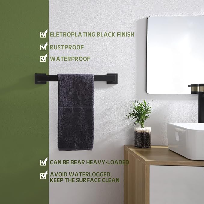 KOKOSIRI 16-Inch Single Towel Bar, Bathroom Kitchen Towel Holder, Wall Mounted SUS304 Stainless Steel Towel Rack, Matte Black, B4003BK-L16