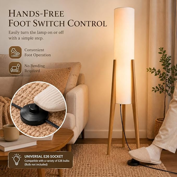 BOFEA-50 Floor Lamps for Living Room,Nordic Modern Floor Lamp,Tall Standing Boho Lamp with Fabric Shade,3 Color Art Standing Lamps,Farmhouse Wood Floor Lamp for Bedroom Office Corner