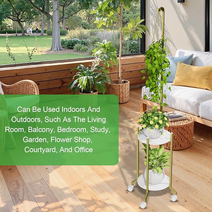 VyGrow Plant Stand Indoor, 2 Tier Hanging Tall Plant Shelf with Wheels, 3 Potted Corner Flower Stand Metal Plant Holder, Plant Shelves for Living Room, Bedroom, Patio, Outdoor, Gold