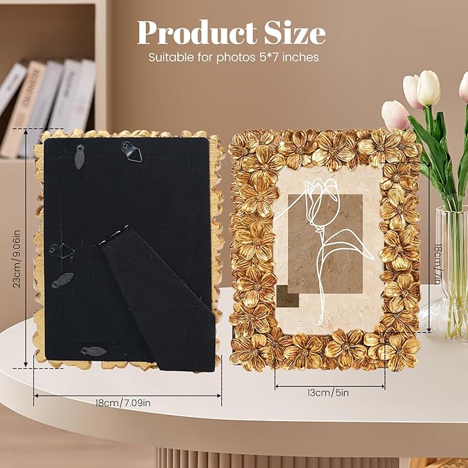 Gold Picture Frames 5x7, Floral Vintage Carved Textured Hand-Crafted Photo Frame with Glass Front, Ornate Resin Picture Frame for Horizontal or Vertical Display, Retro Carving Flower Photo Frames Photo Gallery Art