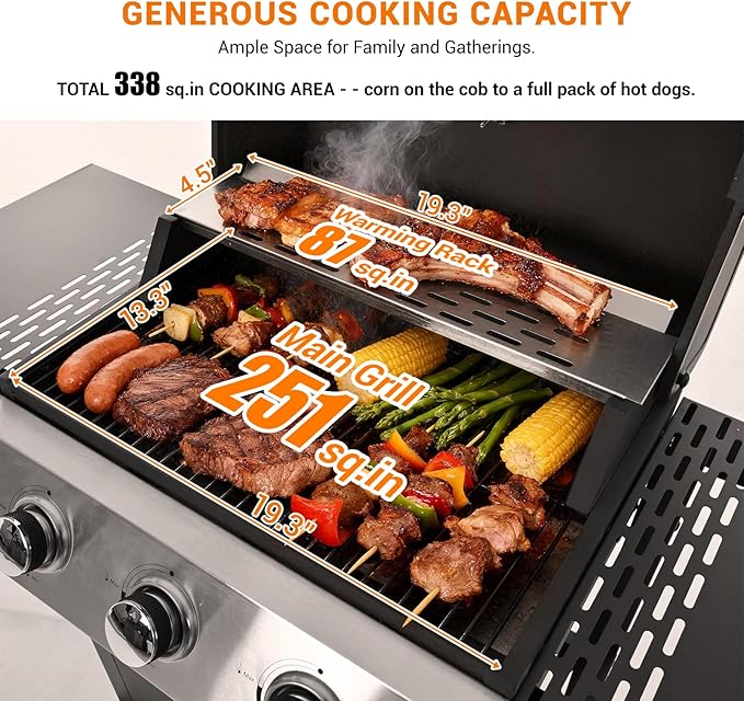 EUHOME Stainless Steel 3-Burner Gas Grill, 25650 BTU Outdoor BBQ Grill with Side Table, 338 sq.in Cooking Area, Perfect for Patio, Deck & Family Barbecues