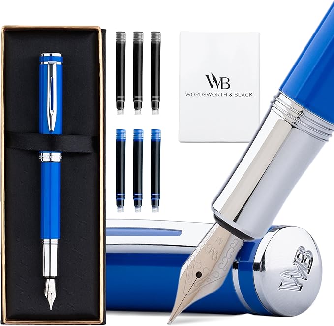 Wordsworth and Black Fountain Pen Mini EDC: Luxury Blue Heavy Pocket Pen, Chrome Finish, Medium Nib, 6 Ink Cartridges, Ink Converter, Travel Refillable Writing Pen Gift Set, Men & Women