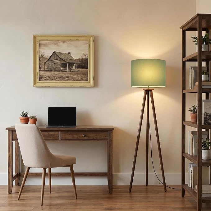 Buruis 60.6" Solid Wood Tripod Floor Lamp with 15.7" Large Linen Shade, Mid-Century Walnut Finish Standing Lamp for Living Room, Bedroom, Office, Corner, UL Listed, Bulb Not Included, Green