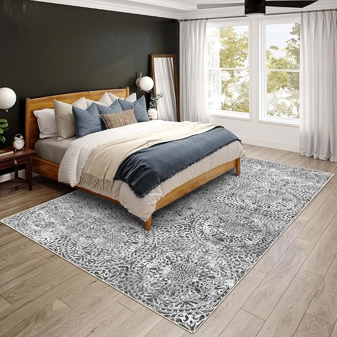 vivorug 9x12 Area Rugs for Living Room, Non Slip Machine Washable Vintage Grey Rug, Ultra-Thin Lightweight Large Area Rug for Bedroom, Dining Room, Low Pile Rug
