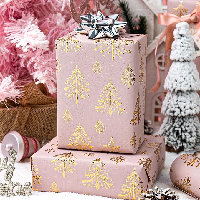 Flyhill Kraft Christmas Wrapping Paper-Pink 3D Embossed Gold Foil Christmas Pine Tree with Woodlands for Chrsitmas, Holiday, Party,Celebration (17 Inch X 32.8 Feet)