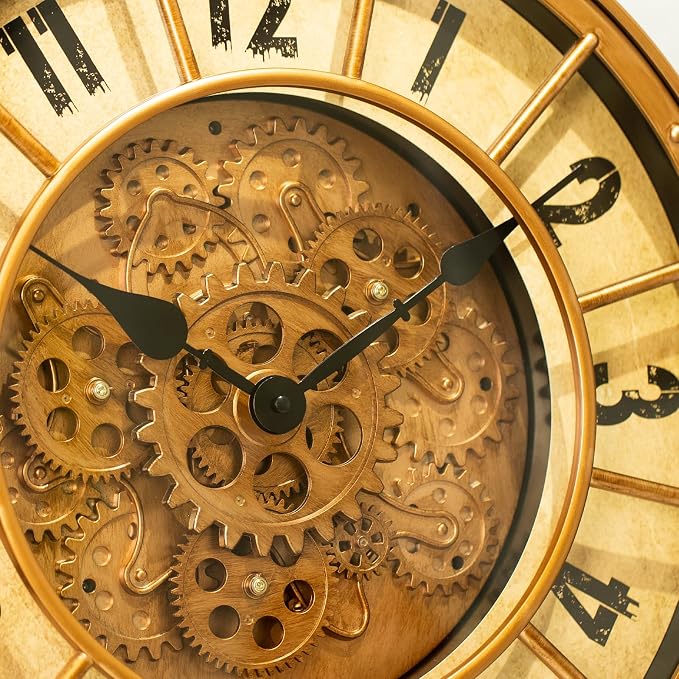 18 Inch Large Gear Clock with Realistic Moving Gears Industrial-Style Steampunk Wall Decor Clock Ideal for Living Rooms, Home Offices, Factories, Bedrooms, Warehouses, and Cabins (Gold, 18 inch)