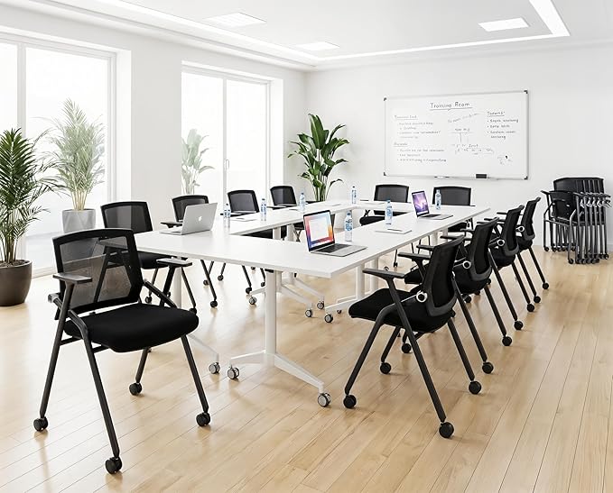 12 Pack Stackable Conference Room Chairs with Paddle Folding Office Chair Foldable Desk Chair Mesh Back and Arms for Conference Meeting Guest Reception Home Office Training Room Chair Black