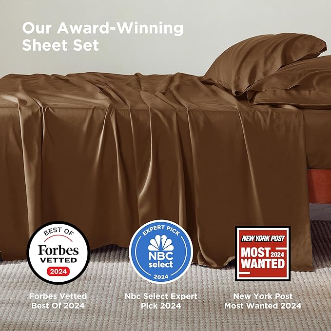 Bedsure Queen Sheet Set, Rayon Derived from Bamboo, Cooling Sheets, Breathable & Soft, Deep Pocket Up to 16 Inches, Hotel Luxury Silky Bedding for Hot Sleepers, Brown
