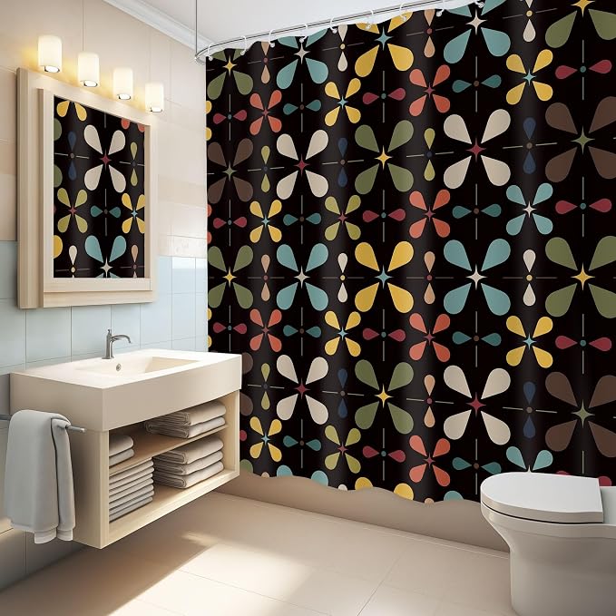 Black Boho Mid Century Shower Curtain Bathroom Set 71Wx71H Inches Colourful Vintage Modern Abstract Retro Chic Geometric Women Men Bath Accessories Bohemian Art Home Decor Fabric 12 Pack Hooks