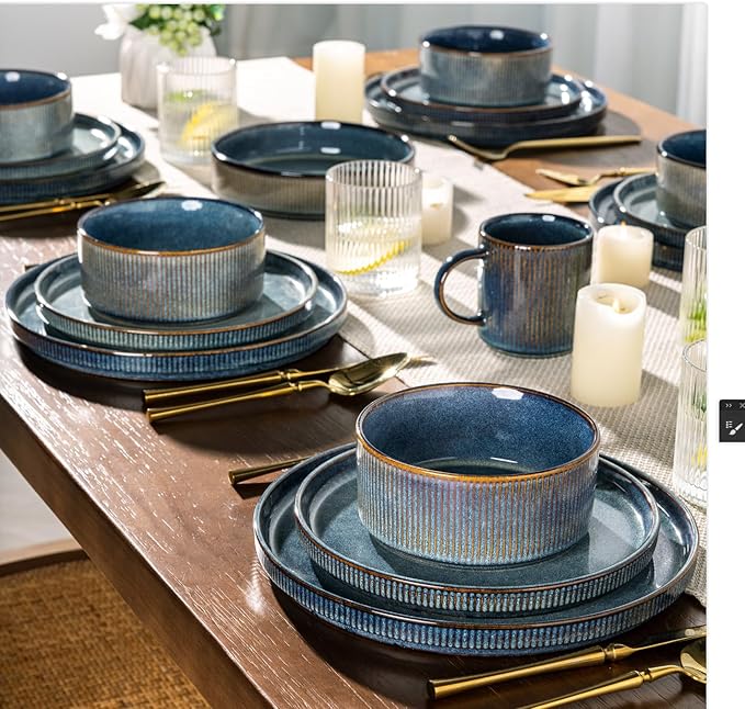 GBHOME 12-Piece Stoneware Dinnerware Set for 4 – Ribbed Ceramic Plates and Bowls, Scratch-Resistant, Microwave & Dishwasher Safe, Reactive Glaze, Ceylon Blue