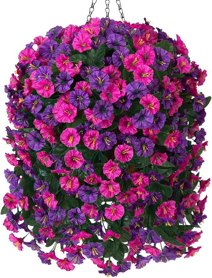 Artificial Fake Hanging Flowers in Basket for Outdoor Indoor Decoration,UV Resistant Faux Silk Dark Purple and Fuchsia Morning Glory Plants Realistic Hanging Planter for Outside Home Porch Yard
