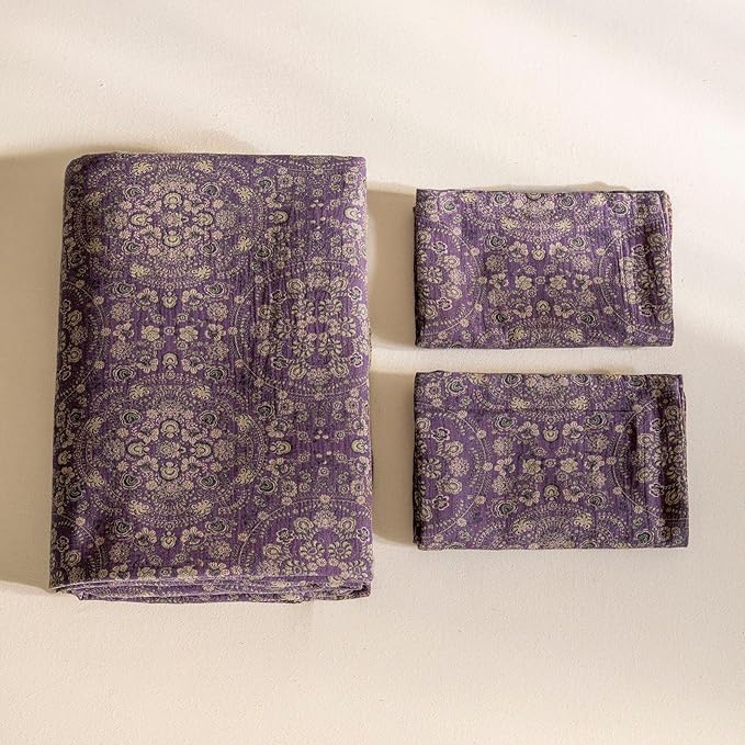 VM VOUGEMARKET Purple Flower Duvet Cover Set King,Yarn-Dyed Cotton Jacquard Textured Boho Medallion Bedding Set,Retro Reversible Green Floral Duvet Cover with Zipper Ties