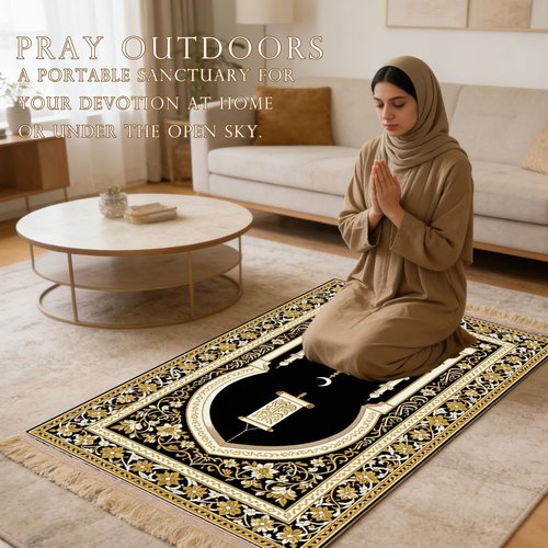 Regine Switzerland Prayer Mat - Thick Islamic Prayer Rug with Tasbih Beads | Black for Namaz & Eid Decor