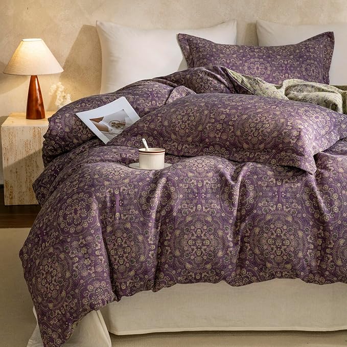 EAVD Soft 100% Cotton Muslin Yarn-Dyed Jacquard Textured Duvet Cover Twin Chic Shabby Purple Floral Duvet Cover with Zipper Closure Linen Like Gauze Floral Bedding Set with 2 Pillowcases