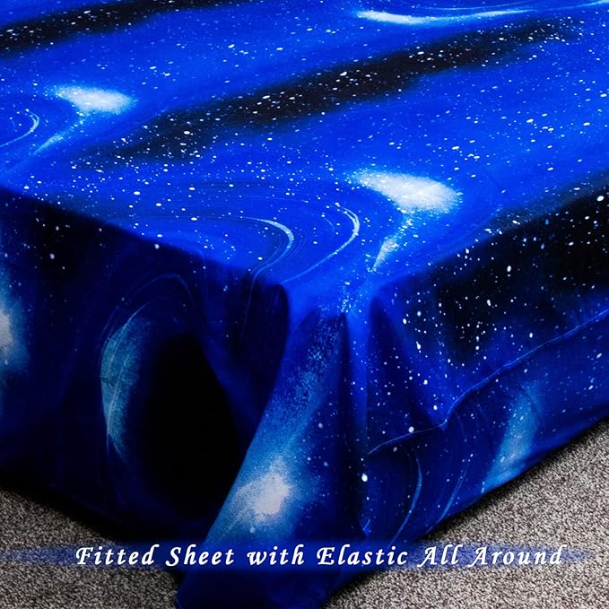 Bedlifes Galaxy Outer Space Sheet Set, Galaxy Themed, 3 pcs Including Flat Sheet, Fitted Sheet, and 1 Pillowcase (Light Blue King)