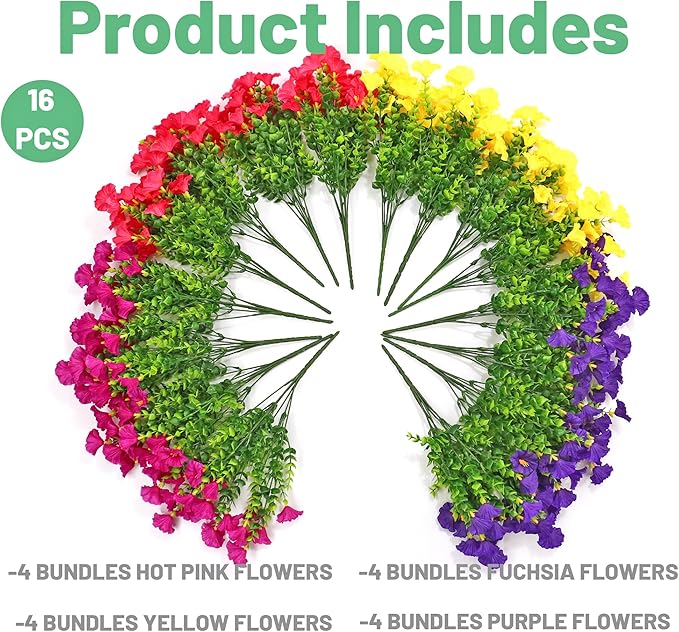 16PCS Artificial Fake Outdoor Flowers Plants, Faux Silk Realistic Morning Glory Floral Arrangement Planter UV Resistant for Porch Patio Window Box Balcony Garden Decor (Eucalyptus 4 Colors)