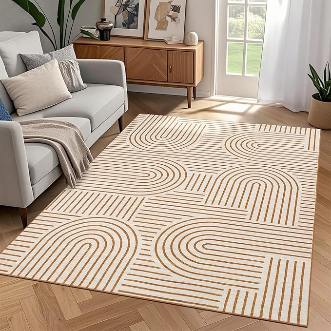 Washable 6x9 Lines Area Rug for Living Room Modern Geometric Abstract Accent Rug Non Slip Office Modern Carpet Thin Foldable Boho Rainbow Indoor Carpet for Bedroom Dining Room Kitchen, Orange