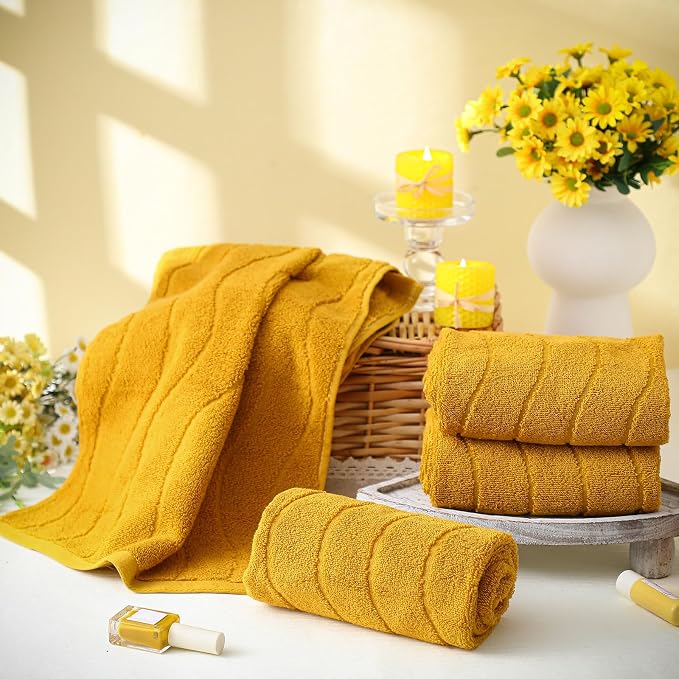 VitalCozy 4pcs Yellow Hand Towels Set for Bathroom Decorative 14x29 Inch Wavy Striped 100% Cotton Soft Absorbent for Bathroom Kitchen Mustard Fall Gift for Festival