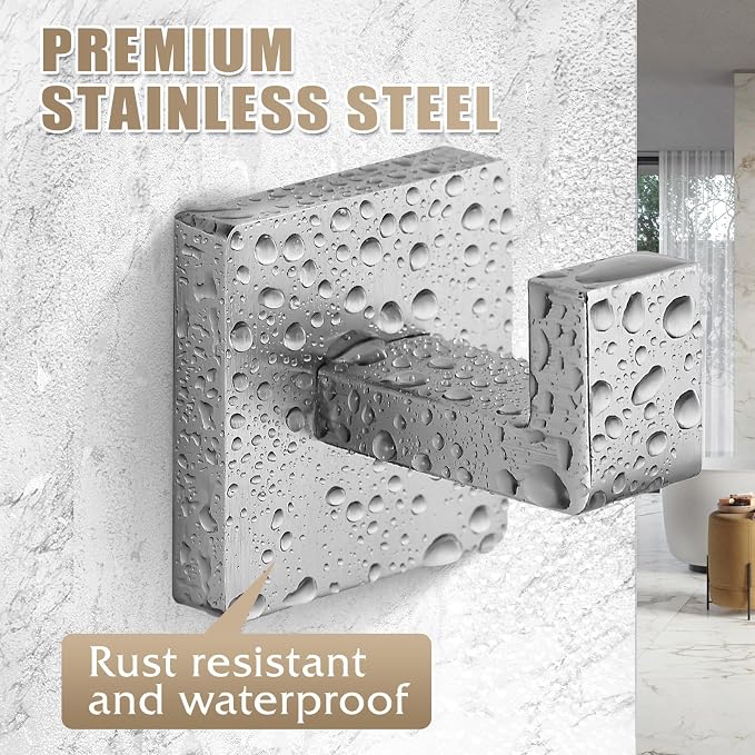 Heavy Duty Stainless Steel Towel Hooks, Wall Mounted Square Robe Hooks for Bathroom, Kitchen, Bedroom, Hotel Brushed Nickel 2 Pack