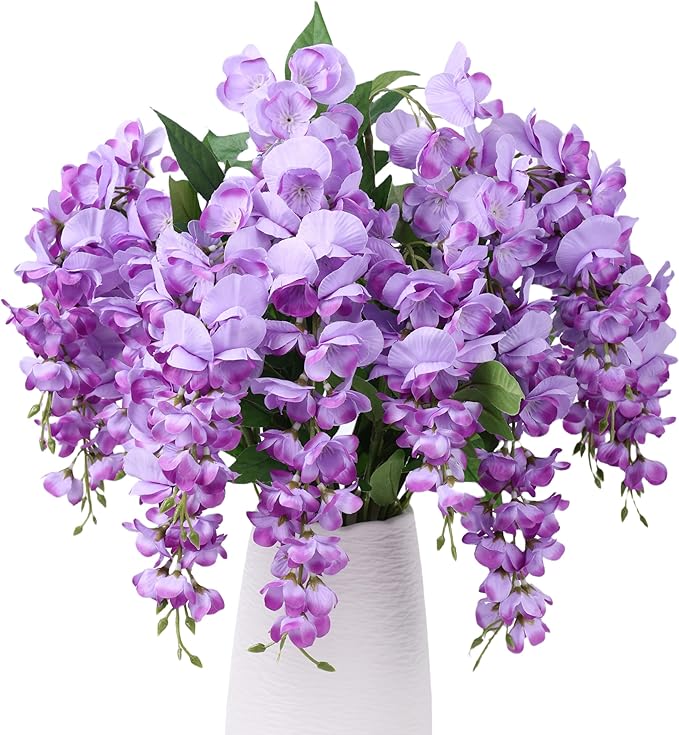 HyeFlora Artificial Hanging Flowers Spring Fake Flower for Vase, 2Pcs Light Purple Silk Wisteria UV & Fading Resistant Faux Flowers for Centerpiece Table, Bedroom Kitchen Living Room Bathroom